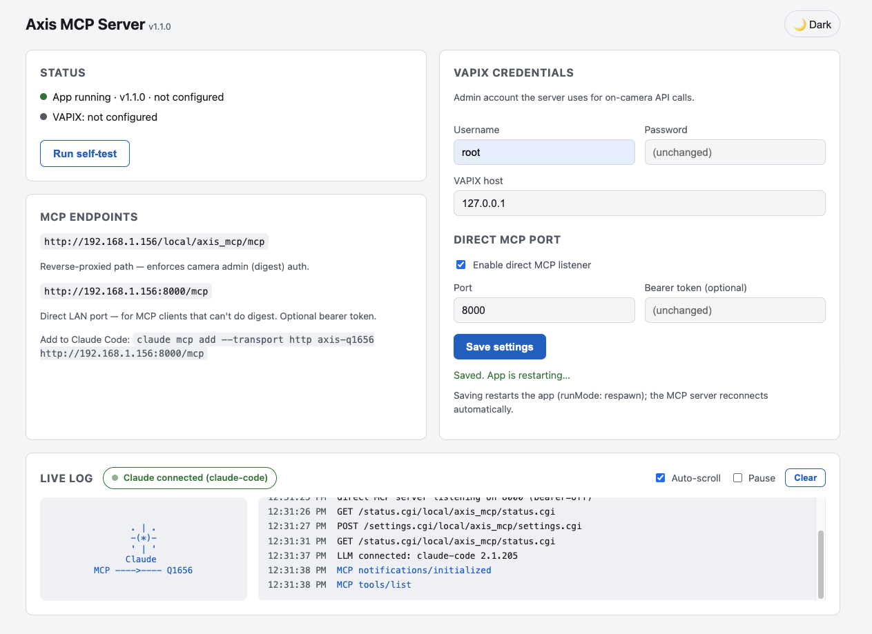 The AXIS MCP Server settings console with Claude connected and a live log streaming MCP tool calls