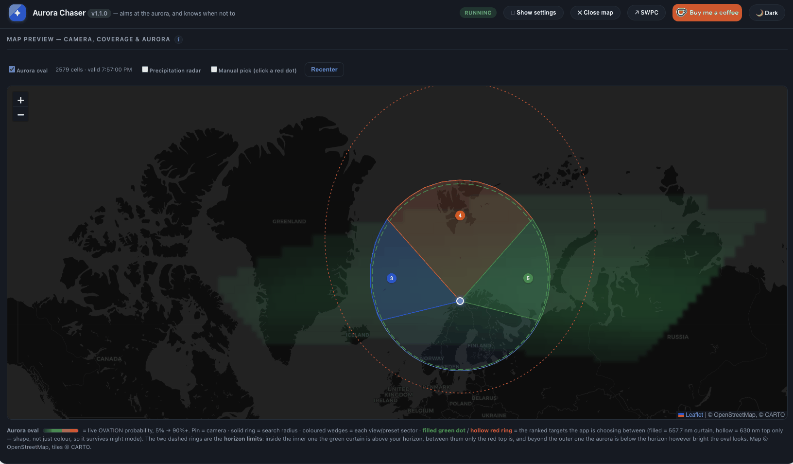 Aurora Chaser map view — dark theme