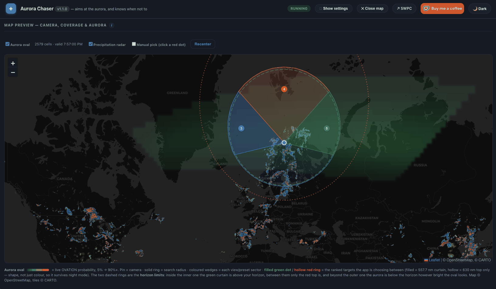 Aurora Chaser map view — dark theme, precipitation radar on