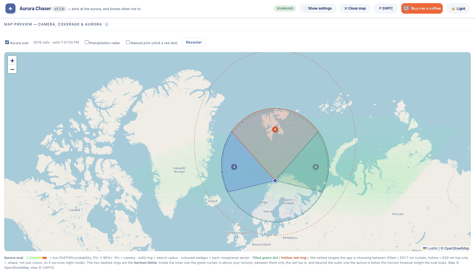 Aurora Chaser map view — light theme