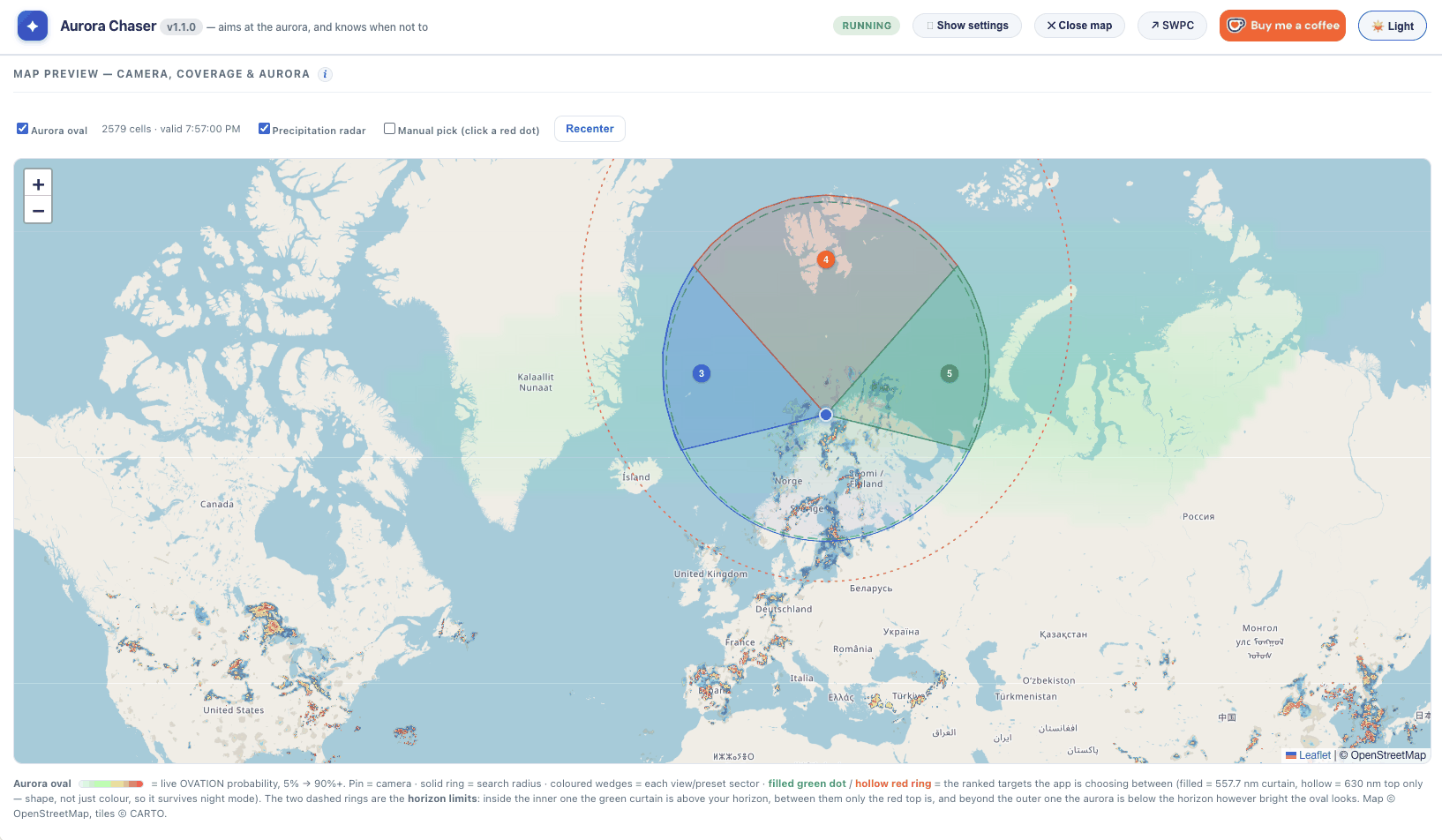 Aurora Chaser map view — light theme, precipitation radar on