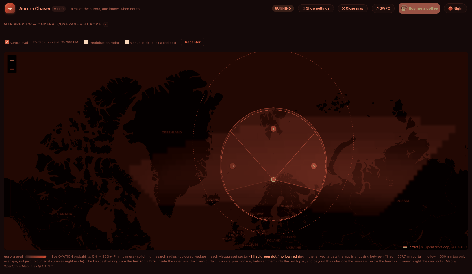 Aurora Chaser map view — night theme