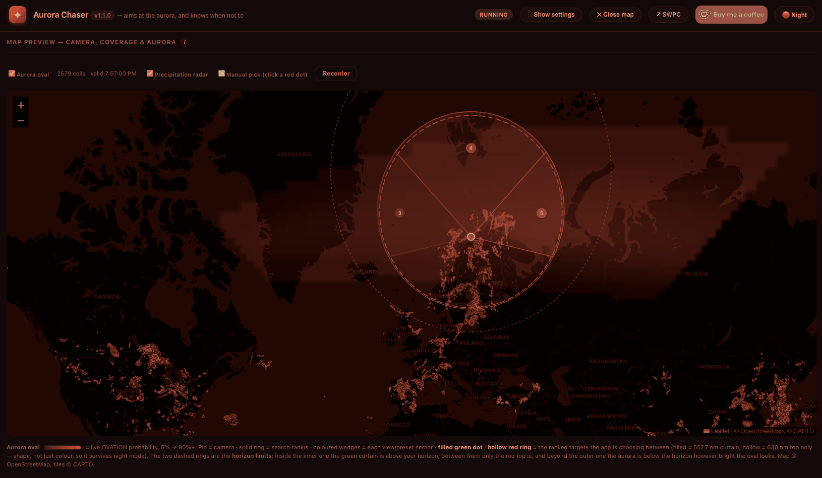 Aurora Chaser map view — night theme, precipitation radar on