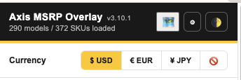 The popup's currency row with four options — $ USD selected, € EUR, ¥ JPY, and a fourth crossed-out-circle button that hides prices entirely