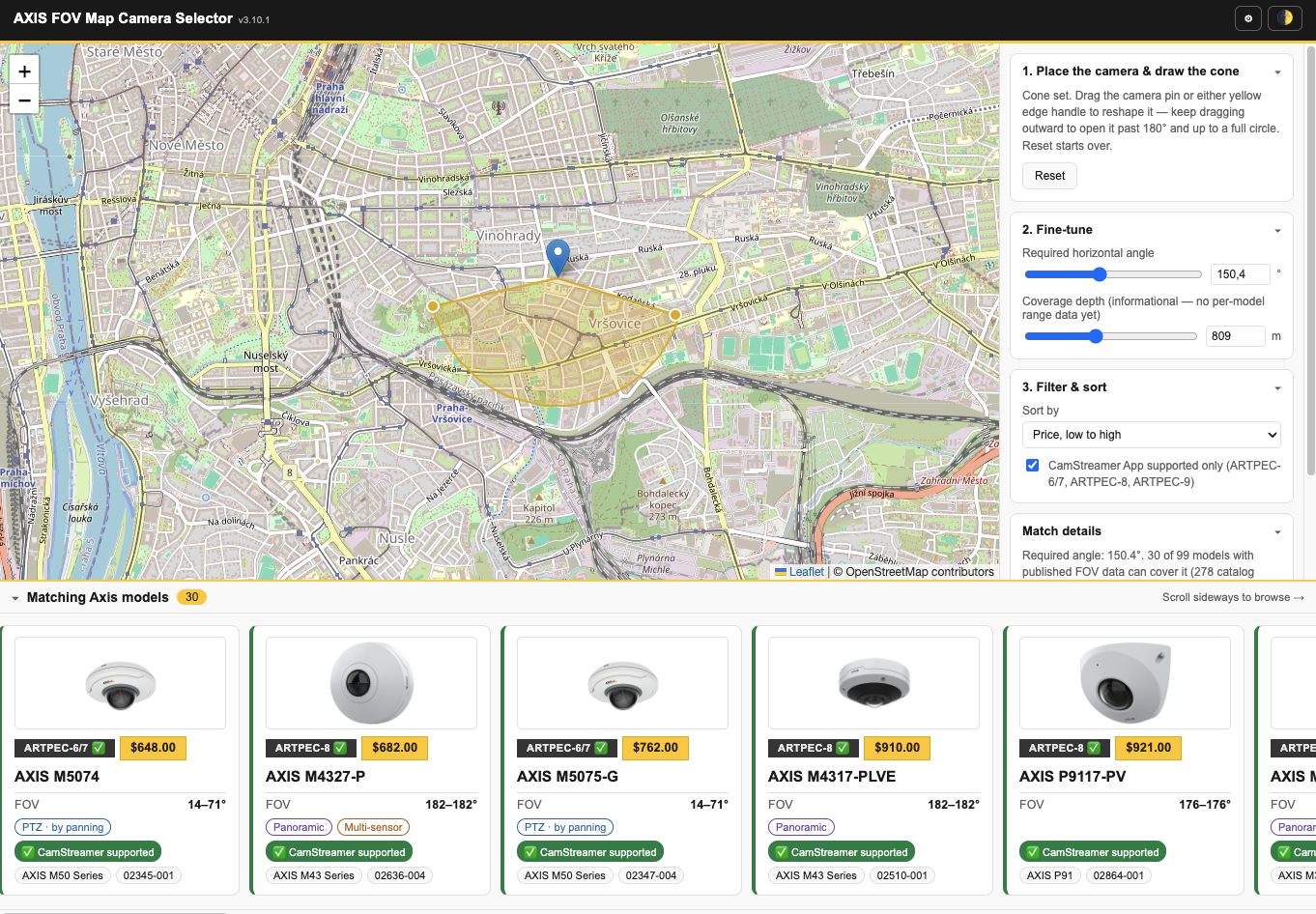 The FOV Map Camera Selector: a Prague street map with a yellow coverage wedge drawn from a camera pin, collapsible panels for fine-tuning the 150.4 degree angle and 809 m depth, and a horizontally scrolling stripe of matching camera cards along the bottom
