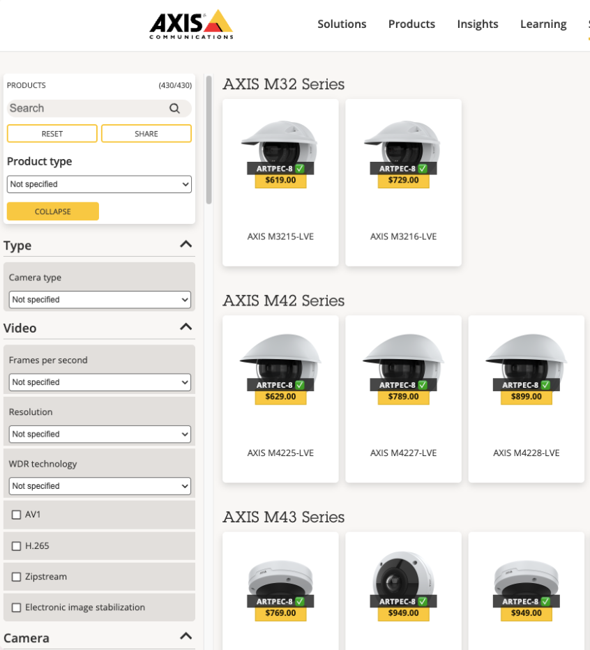 Axis Product Selector showing M32, M42, and M43 series cards, every one with an ARTPEC-8 chipset badge and a yellow price badge (screenshot carried over from an earlier build; badge style is unchanged in v3.10.1)