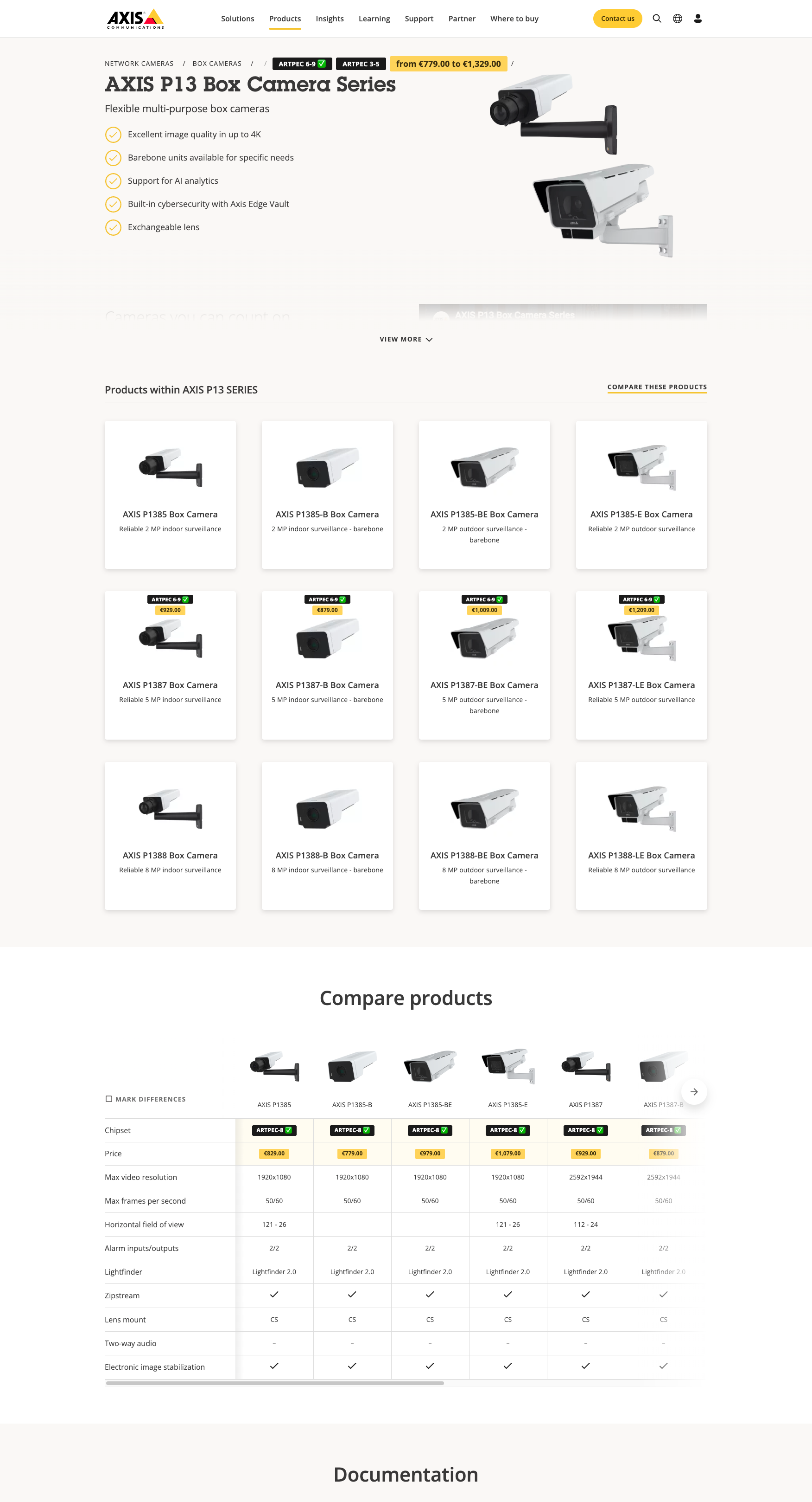 AXIS P13 Box Camera Series page with a chipset and 'from €779.00 to €1,329.00' price range badge in the breadcrumb trail, price/chipset badges on every product card, and a Compare Products table with added Chipset and Price rows