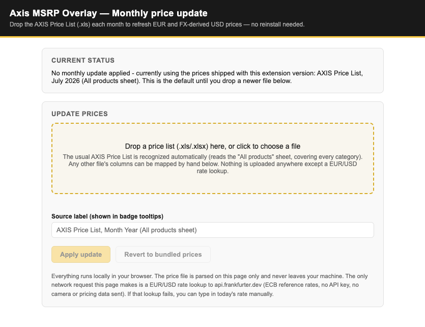 Extension settings page with a drop zone for the monthly AXIS Price List .xls file, a source label field, and Apply update / Revert to bundled prices buttons