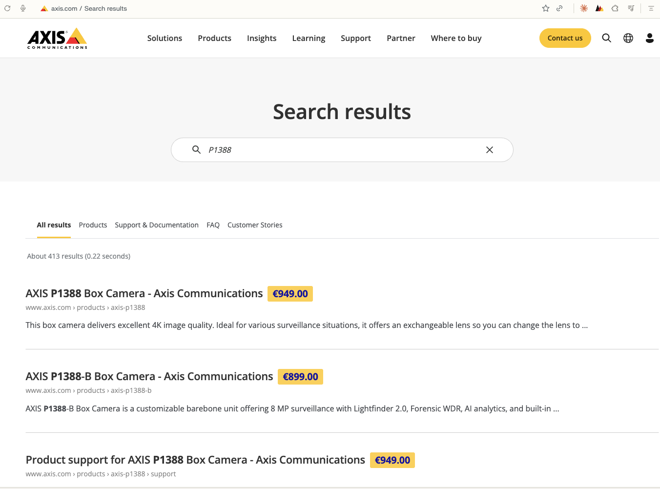 axis.com search results for P1388, each result title ending in a yellow EUR price badge