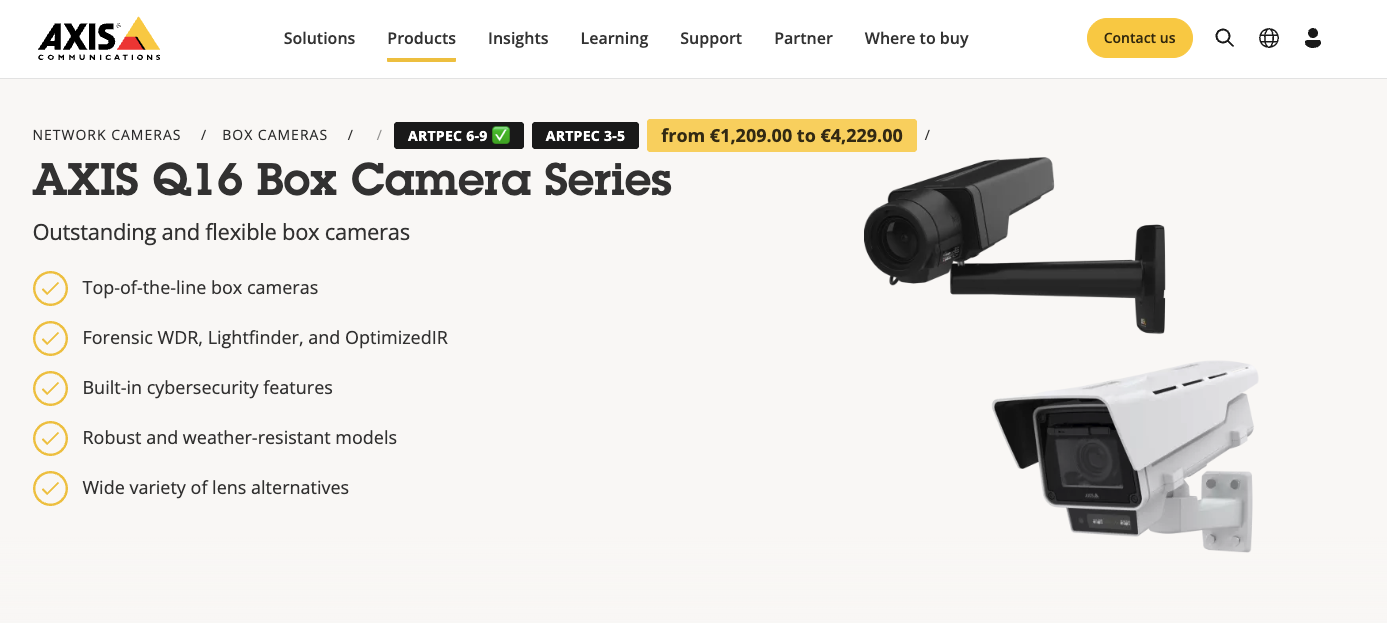 AXIS Q16 Box Camera Series breadcrumb trail showing grouped chipset badges (ARTPEC 6-9, ARTPEC 3-5) and a yellow 'from €1,209.00 to €4,229.00' price range badge