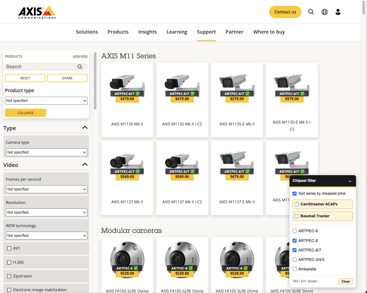 Sort series by cheapest price checked; AXIS M11 series is now followed by Modular cameras, from $529 (screenshot carried over from the v1.5.9 USD-default UI)