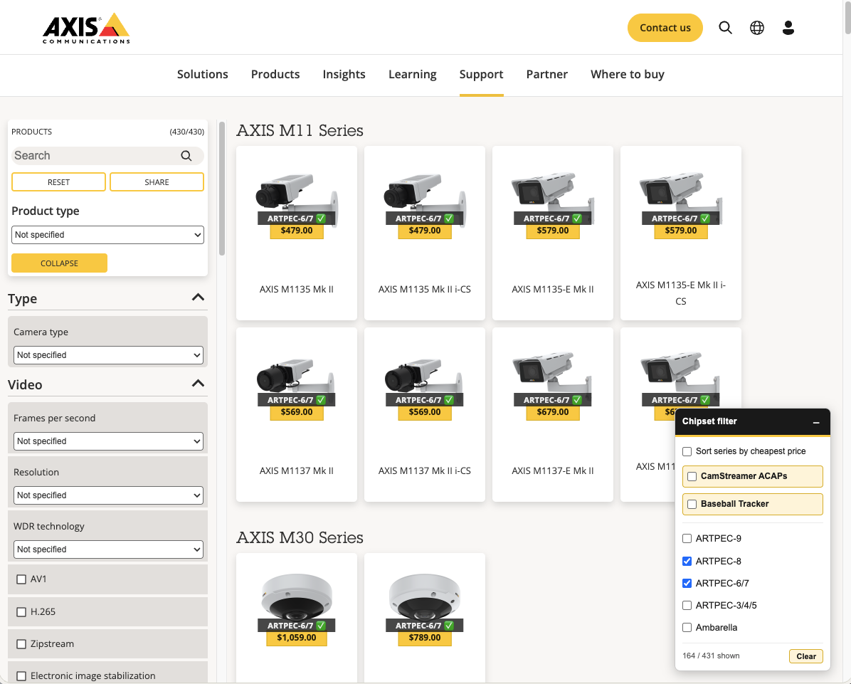 Sort series by cheapest price unchecked; AXIS M11 series is followed by AXIS M30 series