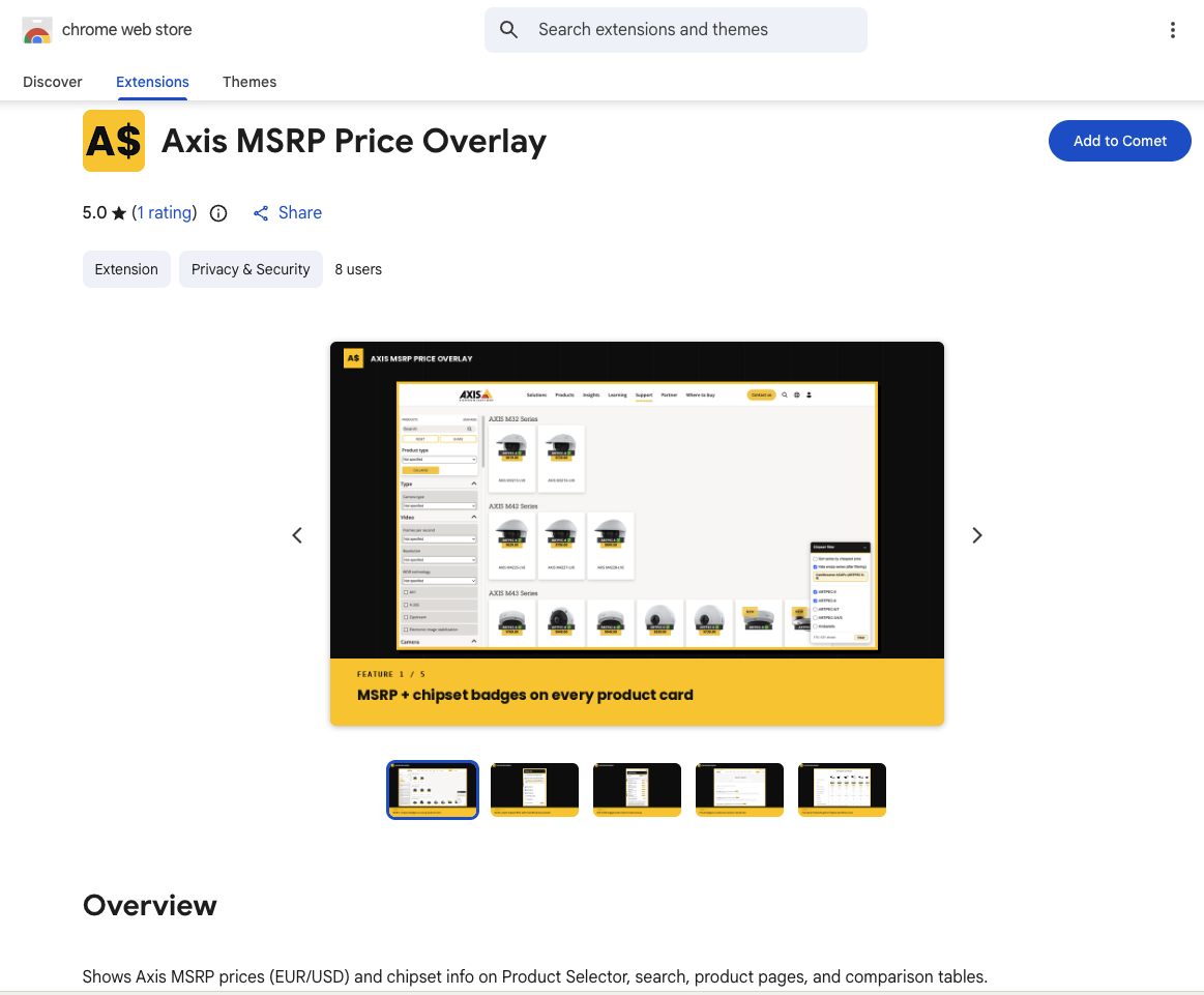 Chrome ウェブストアの Axis MSRP Price Overlay のページ。評価 5.0、スクリーンショットのギャラリー、右上に拡張機能を追加するボタンが表示されている