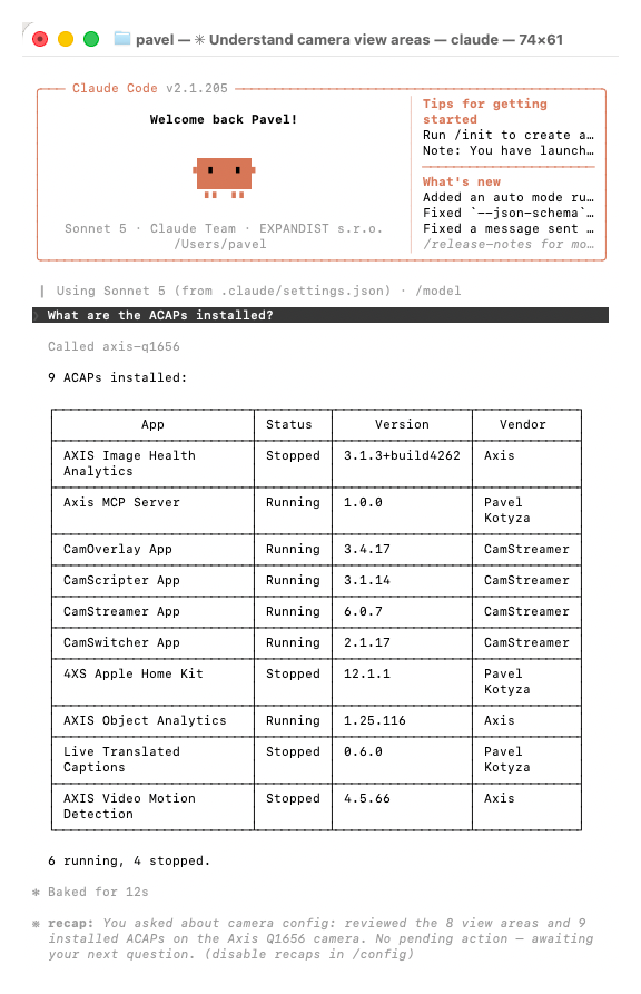 Claude Code lists the installed ACAP applications on the AXIS camera via MCP