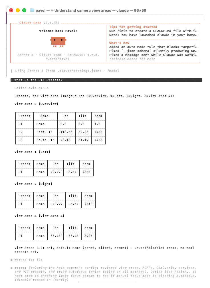 Claude Code enumerates PTZ presets per view area on the AXIS camera