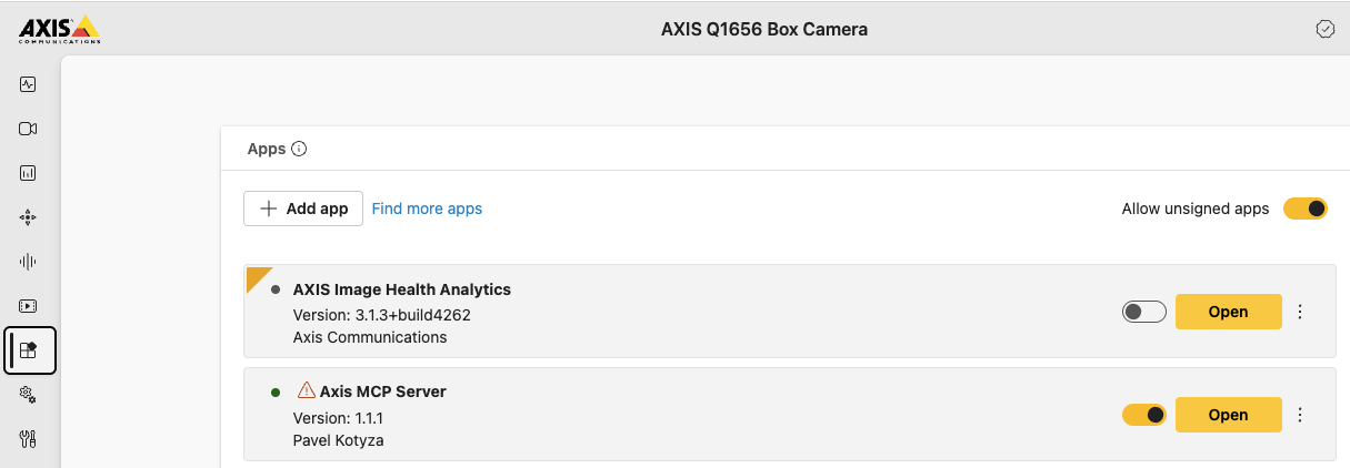 The EdgeMCP for Axis ACAP installed and running on an AXIS Q1656 Box Camera