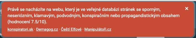 Detail varovného banneru s odkazy na konspiratori.sk, Demagog.cz, Čeští Elfové a Manipulátoři.cz