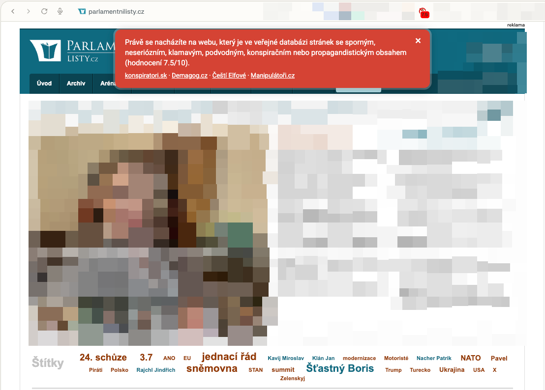 Varovný banner zobrazený na webu parlamentnilisty.cz