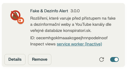 Karta rozšíření v chrome://extensions se zapnutým přepínačem