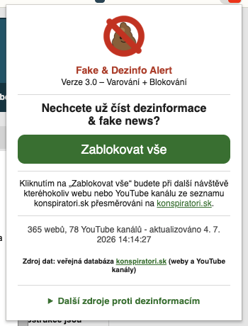 Popup rozšíření se stavem seznamu a tlačítkem Zablokovat vše