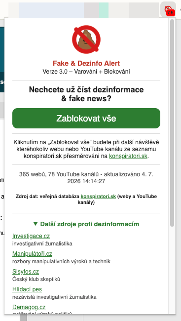 Popup s rozbaleným seznamem dalších zdrojů proti dezinformacím