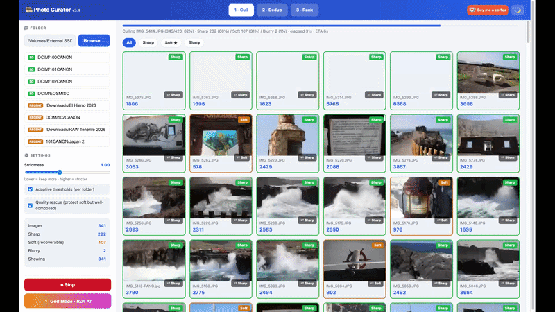 Photo Curator in action — culling, dedup and ranking