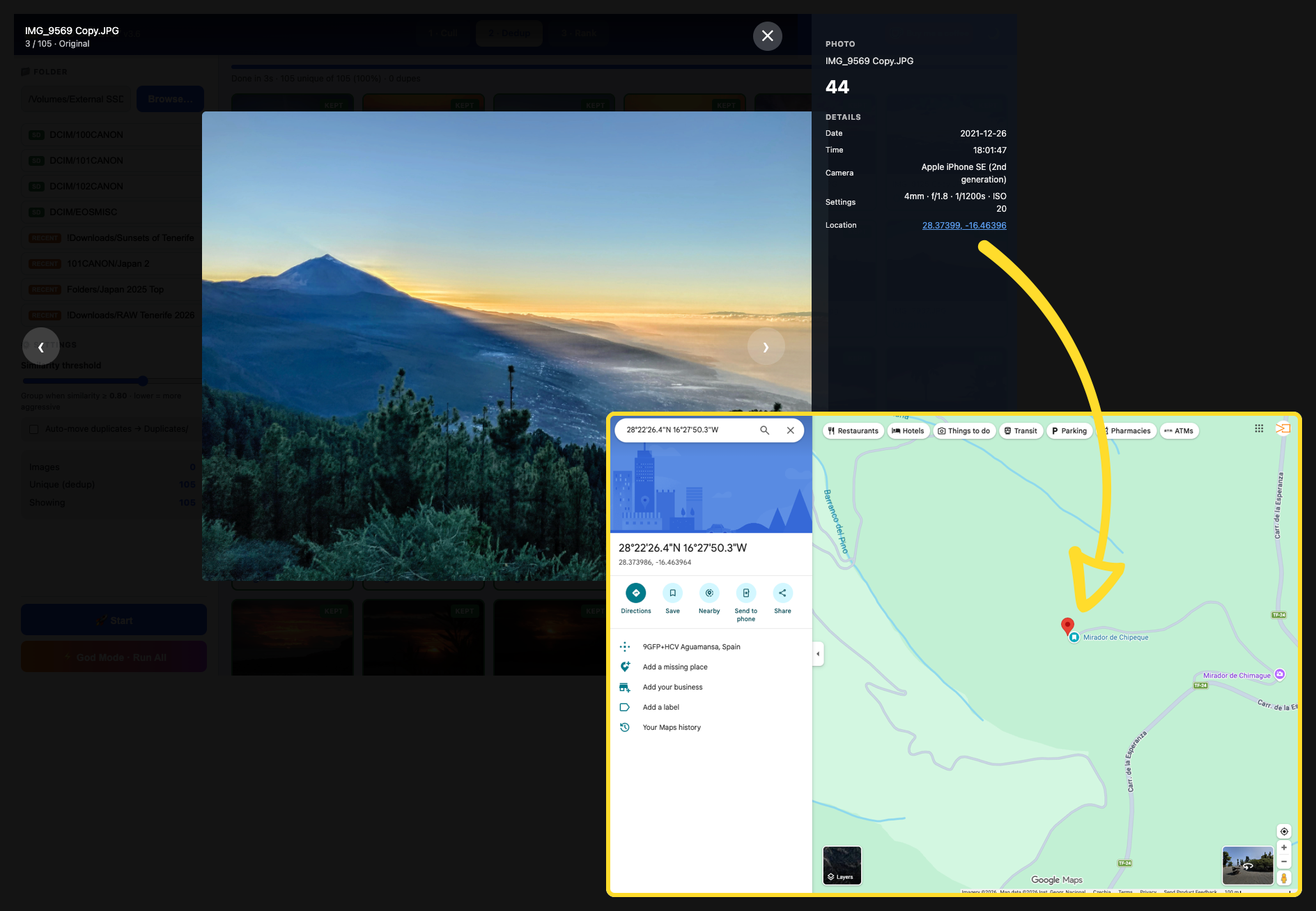 EXIF panel with camera settings and a location map