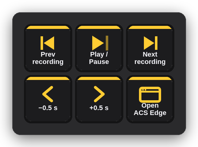 Stream Deck Mini profile: previous, play, next, back, forward, open