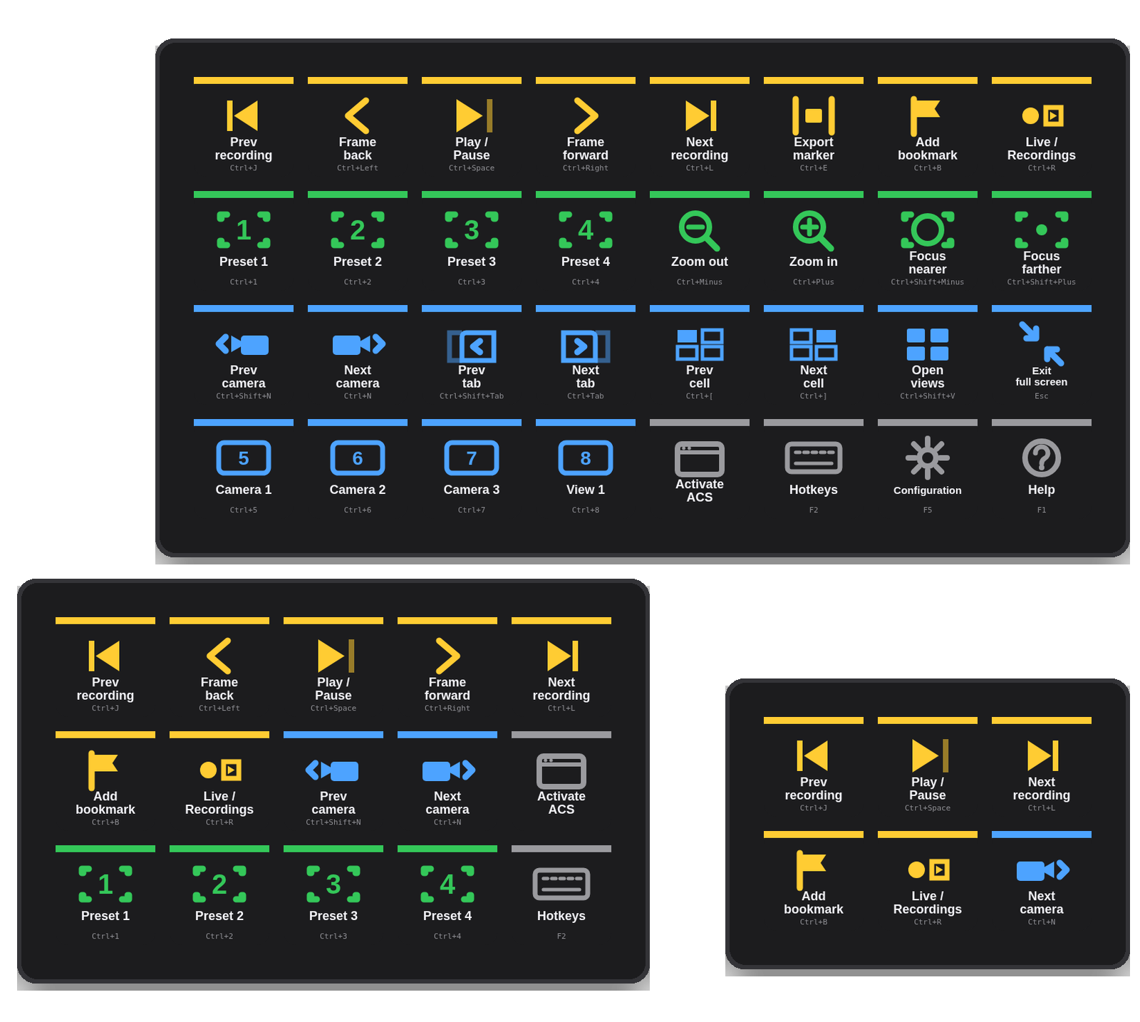 The three bundled profiles on Stream Deck XL, MK.2 and Mini: playback, navigation, PTZ presets and camera hotkeys for ACS Pro