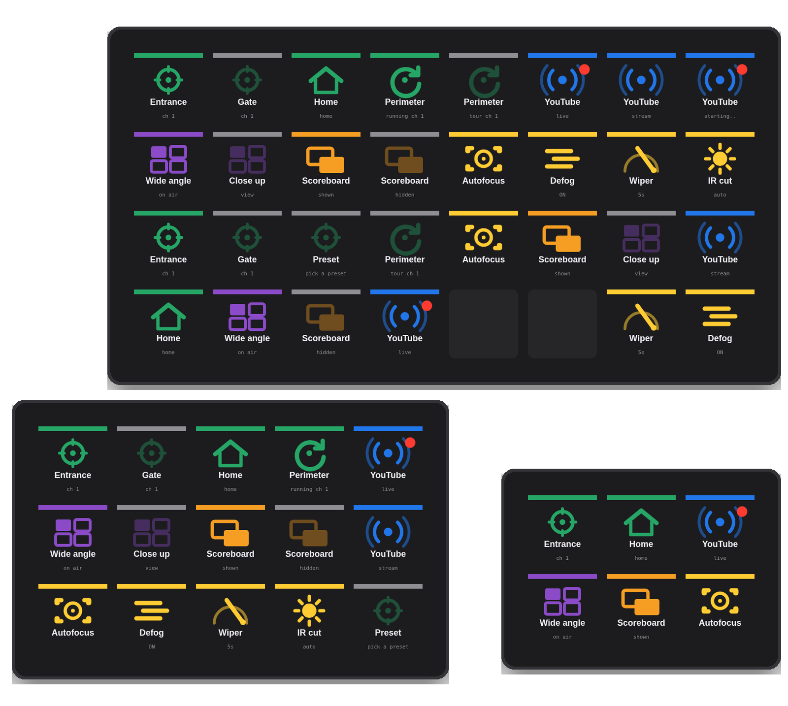 Example layouts on Stream Deck XL, MK.2 and Mini: PTZ presets, a running guarded tour, a live stream, CamSwitcher views, CamOverlay widgets and camera optics
