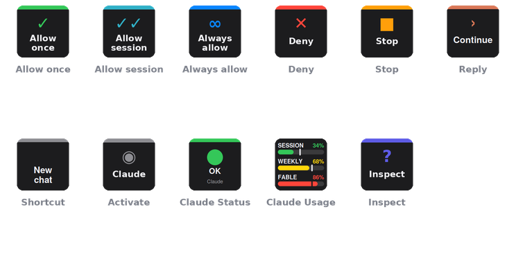 All actions: Allow once, Allow for session, Always allow, Deny, Stop, Reply, Shortcut, Activate Claude, Claude Status, Claude Usage, Inspect