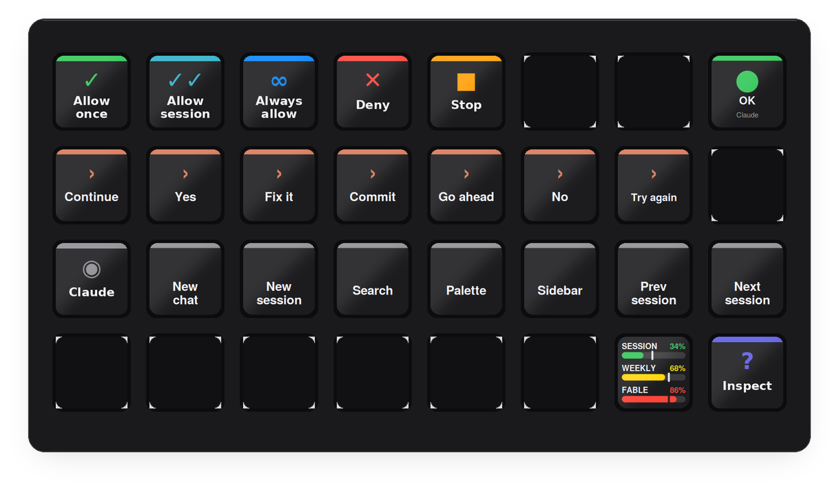 Stream Deck XL with the Claude XL profile across 32 keys