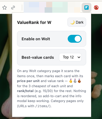 Extension popup with on/off toggle, best-value card count, and theme switch