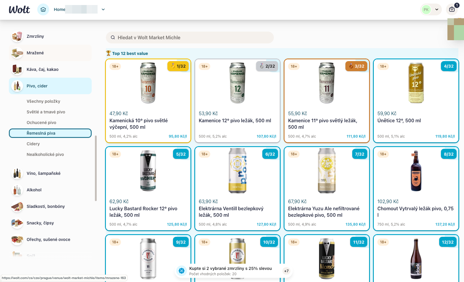 Wolt category page showing the Top 12 best value strip with medal and rank badges