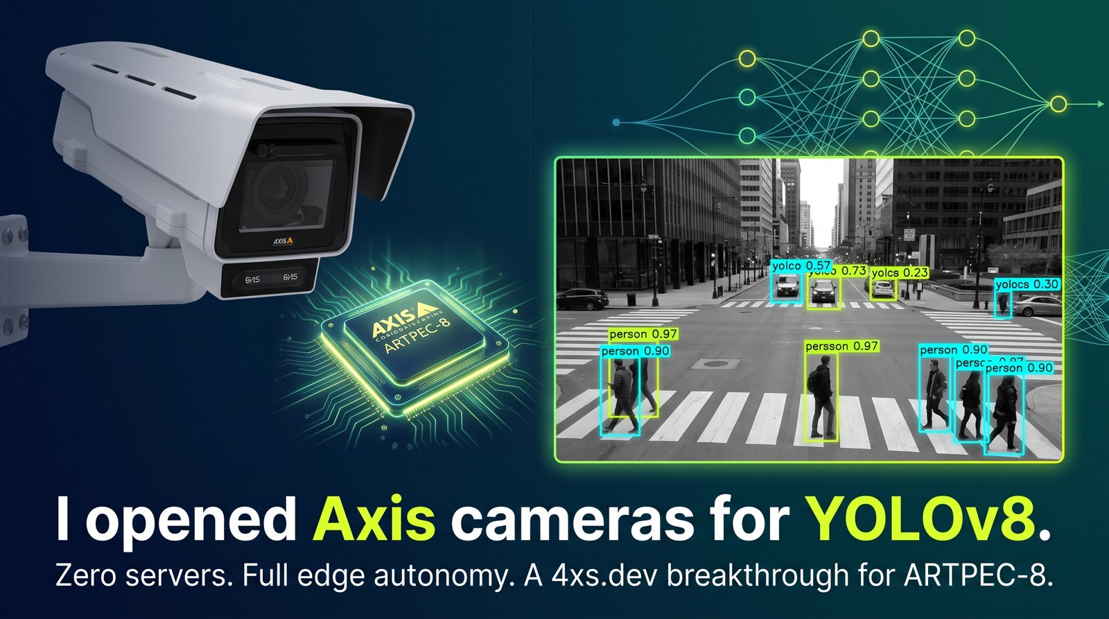An AXIS bullet camera beside an ARTPEC-8 chip, with a street scene showing detected people and vehicles.